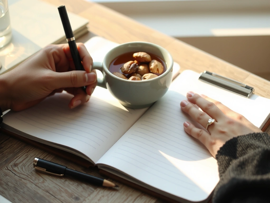 Notizen und Tee auf einem Holztisch