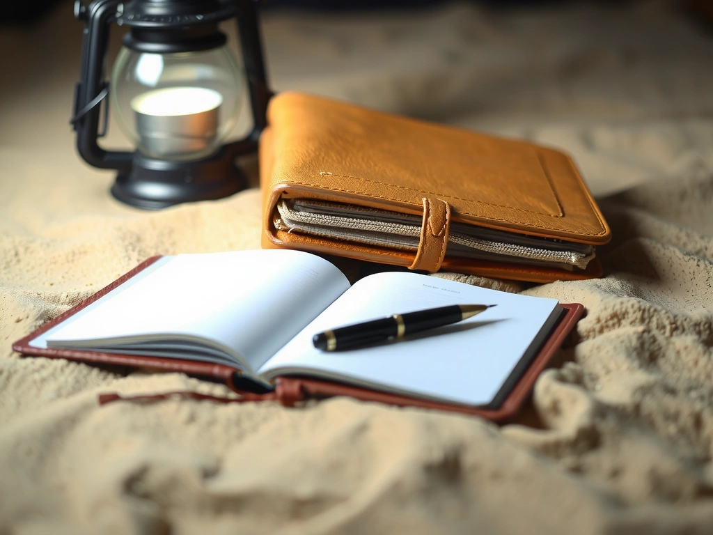 Offenes Buch mit Notiz auf sandfarbenem Untergrund